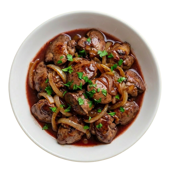 Куриная печень нежная с жареным луком и вином